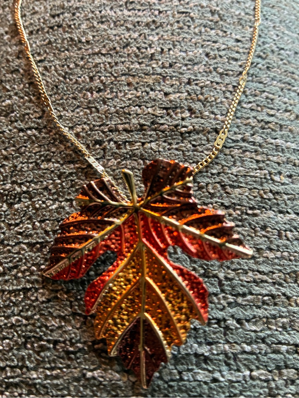 Gold-Tone Red Orange maple Leaf Pendant Necklace, fall leaf necklace